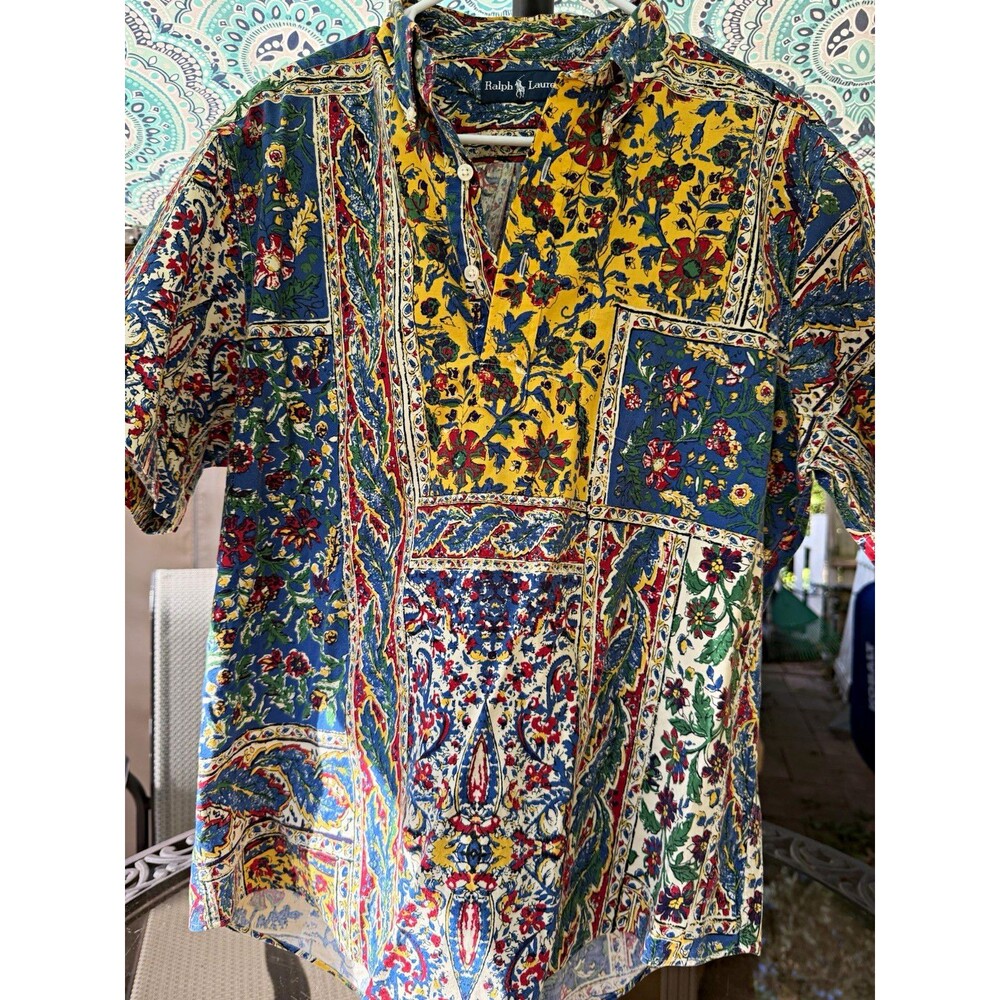 Ralph Lauren Mens L Vintage Floral Paisley Patchwork Hawaiian Shirt